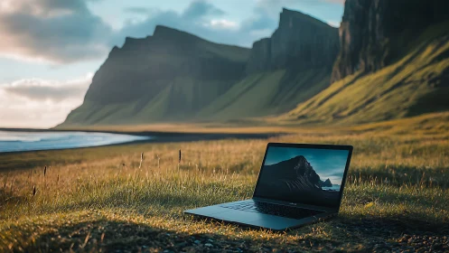 Laptop in Icelandic Wilderness with Mountain Backdrop.