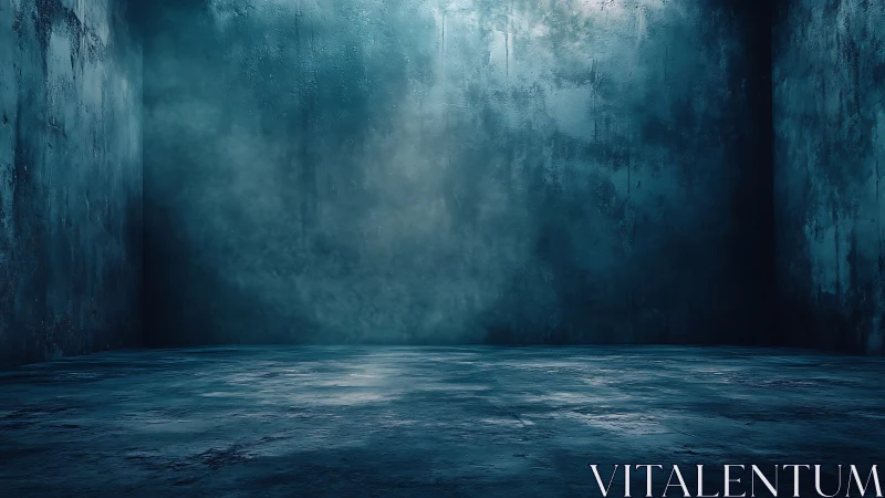 Moody concrete room with cool cyan cinematic lighting.