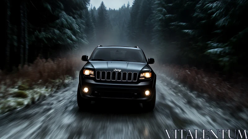 Black Jeep SUV drives on wet forest road in low light
