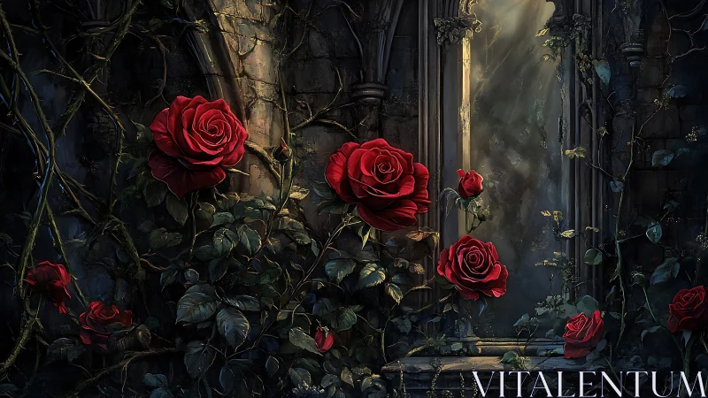 Red Roses in Ruined Architectural Interior with Overgrown Vines