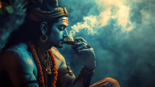 Divine ascetic in teal haze with curling sacred smoke.