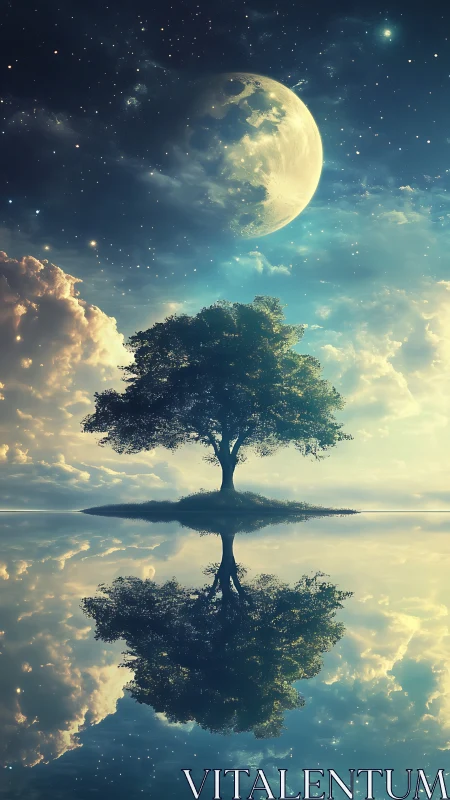 Moonlit dreaming tree rises quietly over a mirrored sky
