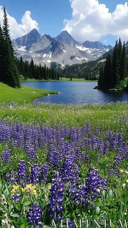 Alpine lake, lupine meadow foreground, conifer forest, glacial peaks