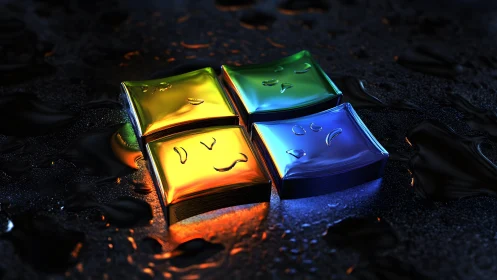 Glossy 3D Windows-Inspired Logo on Wet Surface, Digital Art.