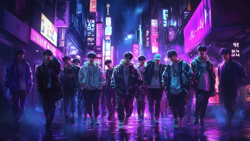Neon-soaked street collective under rainlit cyberpunk glow.