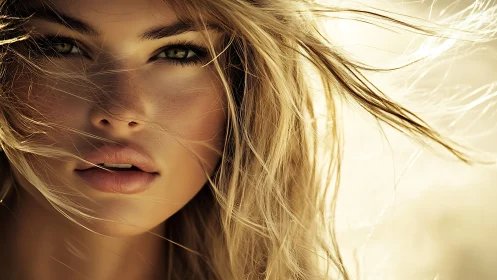 Windblown close-up portrait with sharp golden lighting.