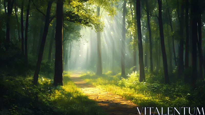 Sunlit Forest Path with Lush Greenery in Serene Morning Light.