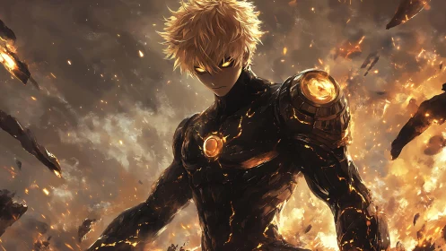 Cyborg figure stands amid molten debris and burning fragments