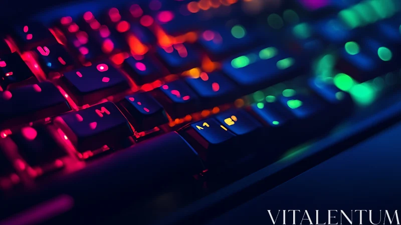 Neon gaming keyboard with vivid RGB backlight glow at night.