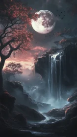 Moonlit cascade in a crimson dreamforest of whispering mist.