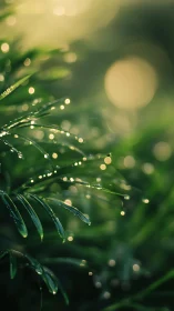 Morning dew on emerald needles in dreamy bokeh light.
