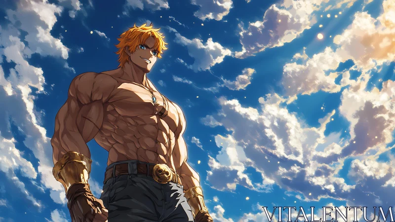 Muscular anime warrior under expansive bright sky.