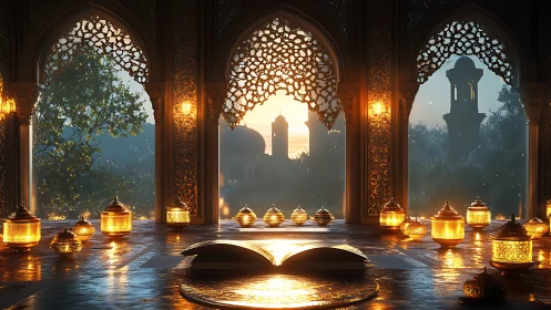 Golden lantern-lit reading nook in a tranquil sunset mosque.