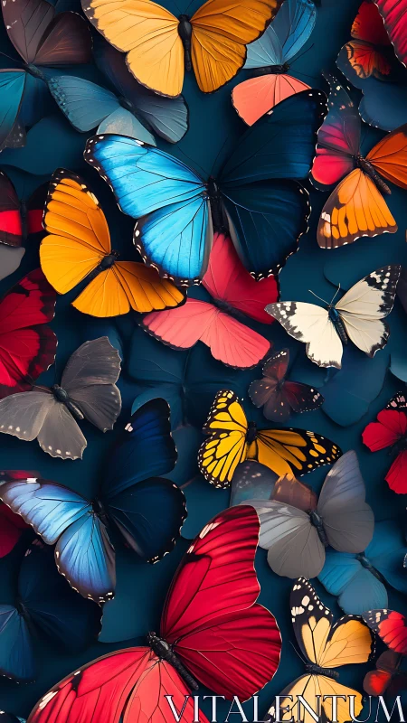 Multicolored butterfly collection on dark teal background.