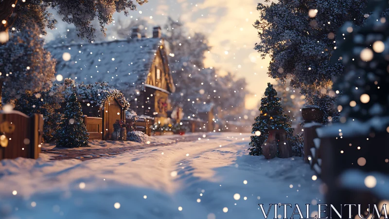 Snowfall across cottage-lined lane in warm sunset bokeh field.