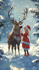 Girl in red coat meets gentle reindeer in snowy forest clearing