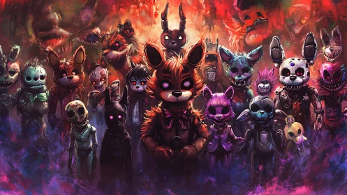 Creepy animatronic horde advances through neon inferno mist