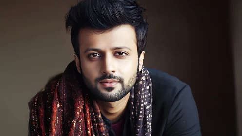 Gentle gaze leans forward wrapped in patterned autumn warmth