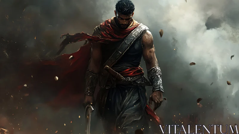 Battle-scarred warrior strides through swirling war smoke.