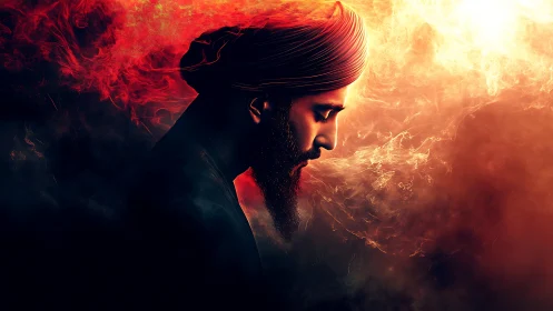 Side-lit turbaned profile merges with volumetric fiery nebula plume