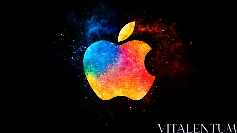Multicolor apple-shaped logo with surrounding particle cloud.