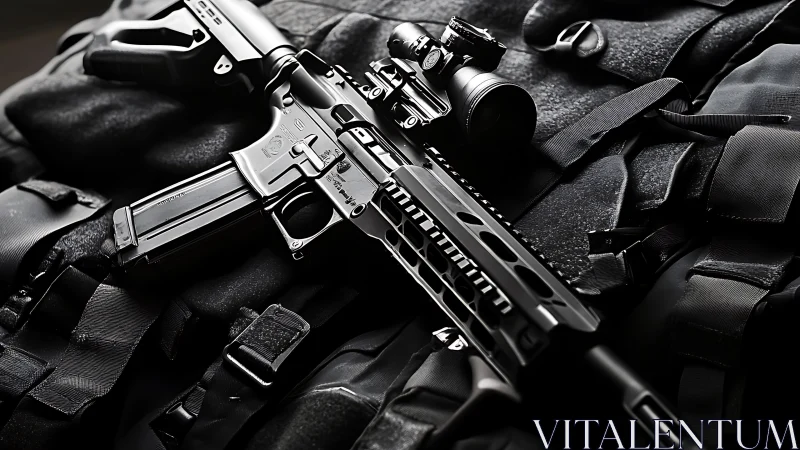 Tactical AR-15 Rifle Setup with Mounted Scope on Black Fabric. Professional equipment configuration 