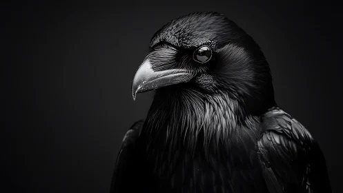 Glimmering raven portrait in soft shadowed monochrome light.