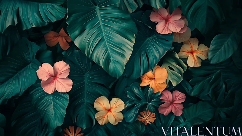 Tropical Flowers with Dark Teal Foliage Composition