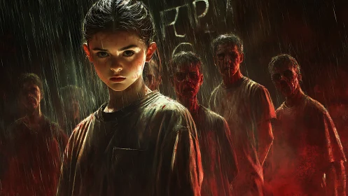 Youthful figure and shadowed group under heavy rainfall.