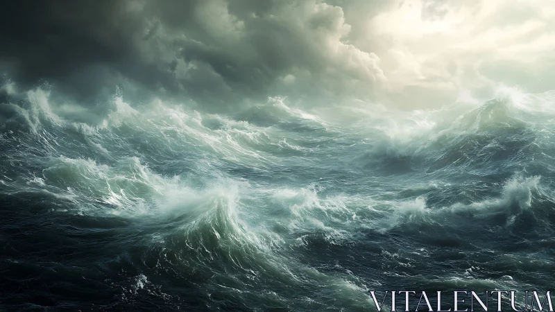 Storm-tossed emerald ocean under a bruised wandering sky.