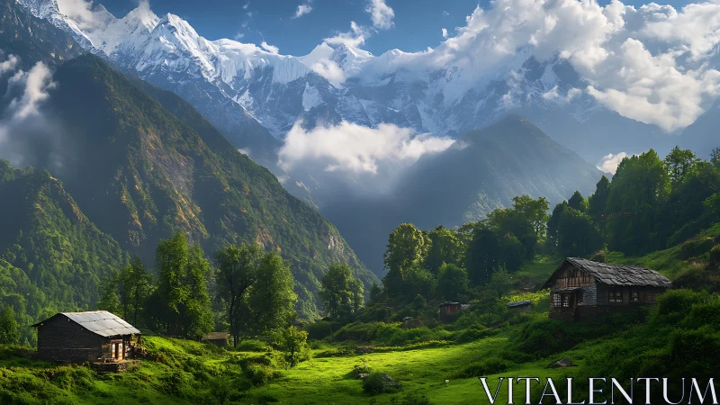 Mountain valley village with wooden cabins and snow peaks.