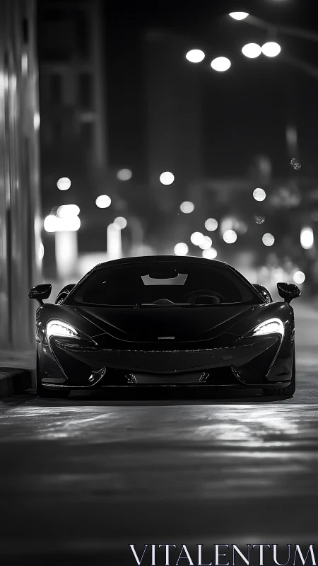 Midnight supercar poised under soft city bokeh lights.