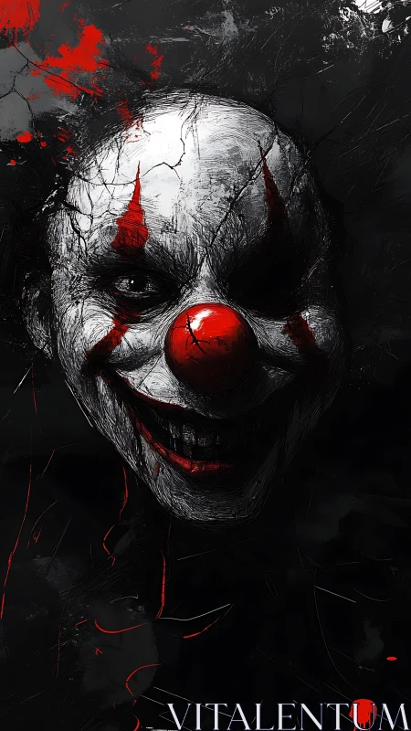 Sinister clown portrait looms from cracked shadows in red