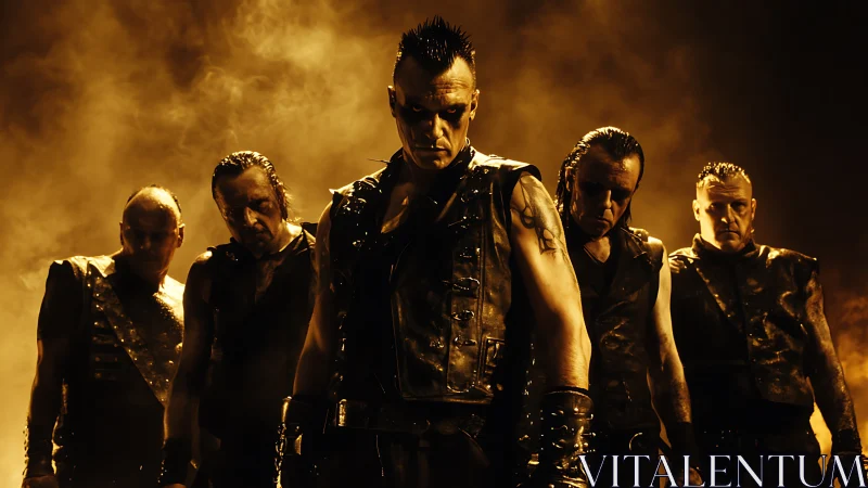 Metal band members in leather vests under orange stage light.