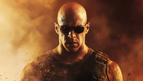 Bald armored combatant emerging through incendiary dust field.