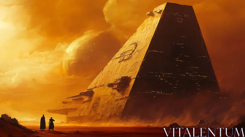Colossal desert mothership under molten amber skies.