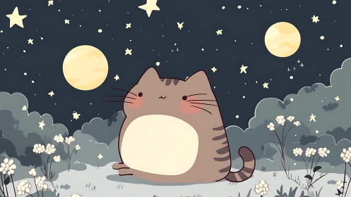 Chubby cartoon cat watches twin moons in quiet night meadow