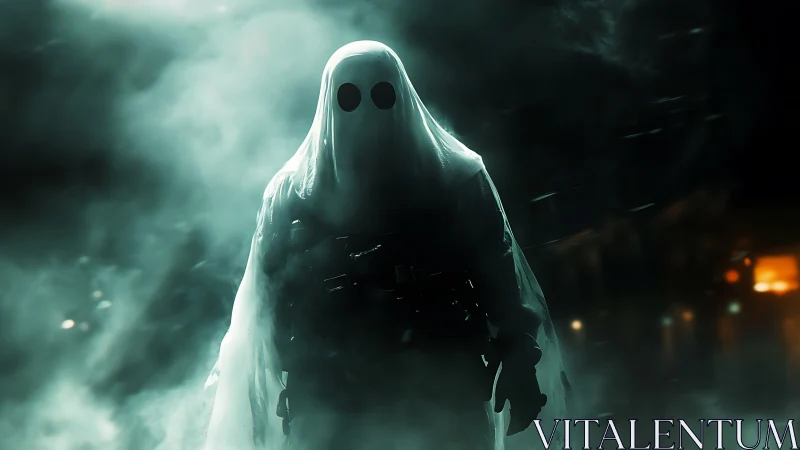 Hooded spectral figure with tactical gear in volumetric fog backlight
