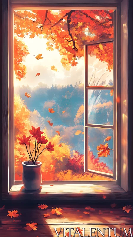 Open window view onto bright autumn forest landscape.