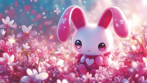 Pink toy bunny character sits in glowing flower field