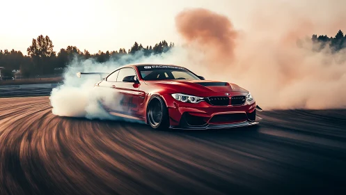 Red BMW drift car slides through corner with dense tire smoke