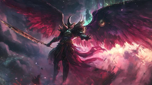 Fallen war angel with flaming sword over storm horizon.