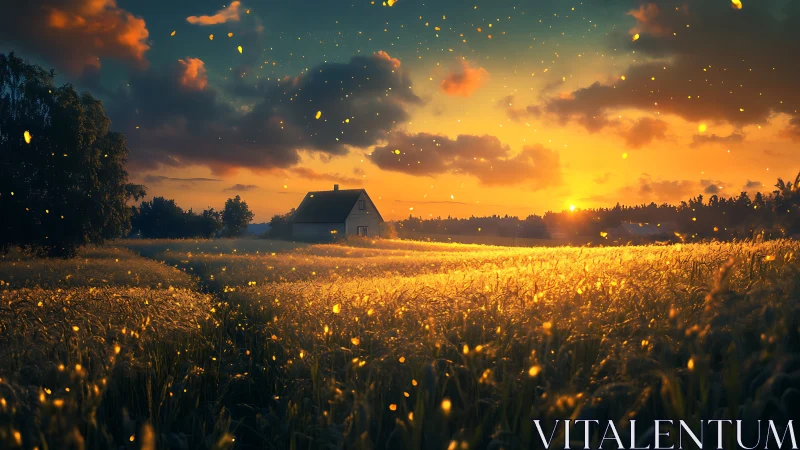 Golden wheat field sunset with distant farmhouse glow.