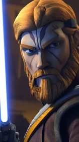 Jedi warrior portrait with glowing blue lightsaber poised.