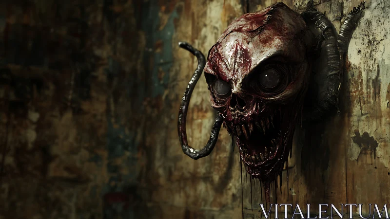 Wall-mounted creature head model exhibits detailed gore texturing