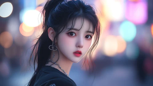 Digital painting portrait with neon bokeh night backdrop.