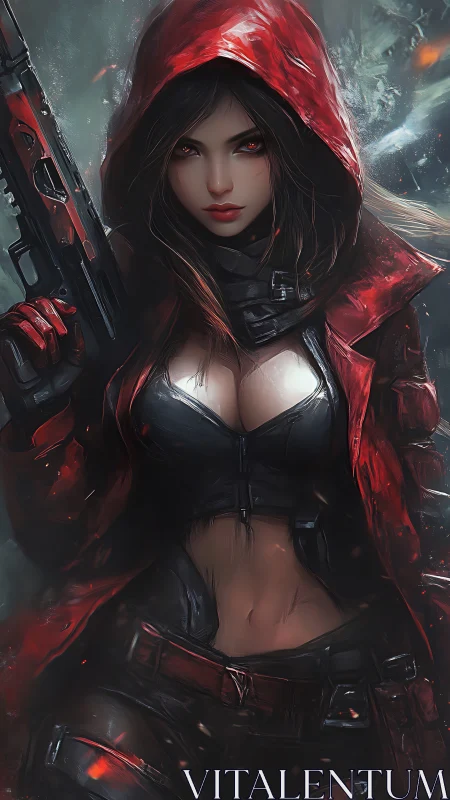 Red-hooded cyber huntress with rifle in high-contrast digital render