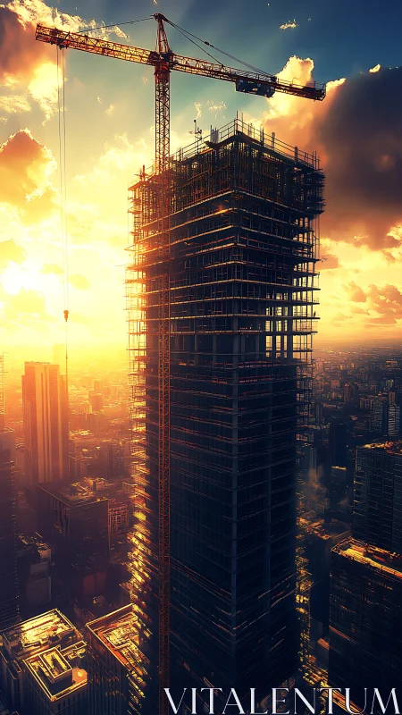 Construction Crane and Steel Framework at Sunset.