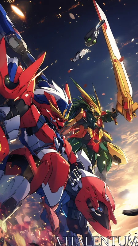 Dynamic mecha duel in cinematic anime battle composition.