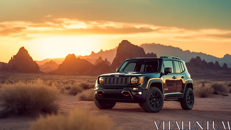 Off-road SUV rendered against cinematic desert sunset light